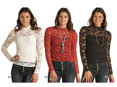 Rock and Roll Denim Lace Mock Neck Long Sleeve - R&RD