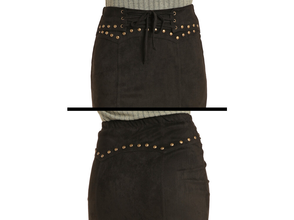 Rock and Roll Denim Suede Skirt with Studs and Tie Front R&RD
