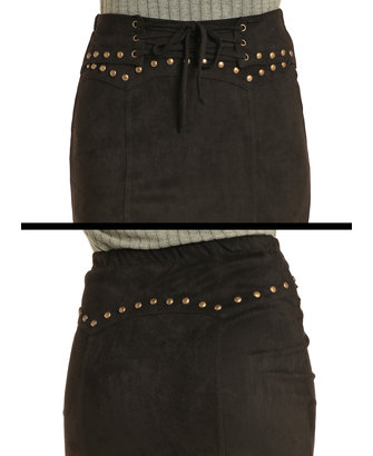 Rock and Roll Denim Suede Skirt with Studs and Tie Front R&RD