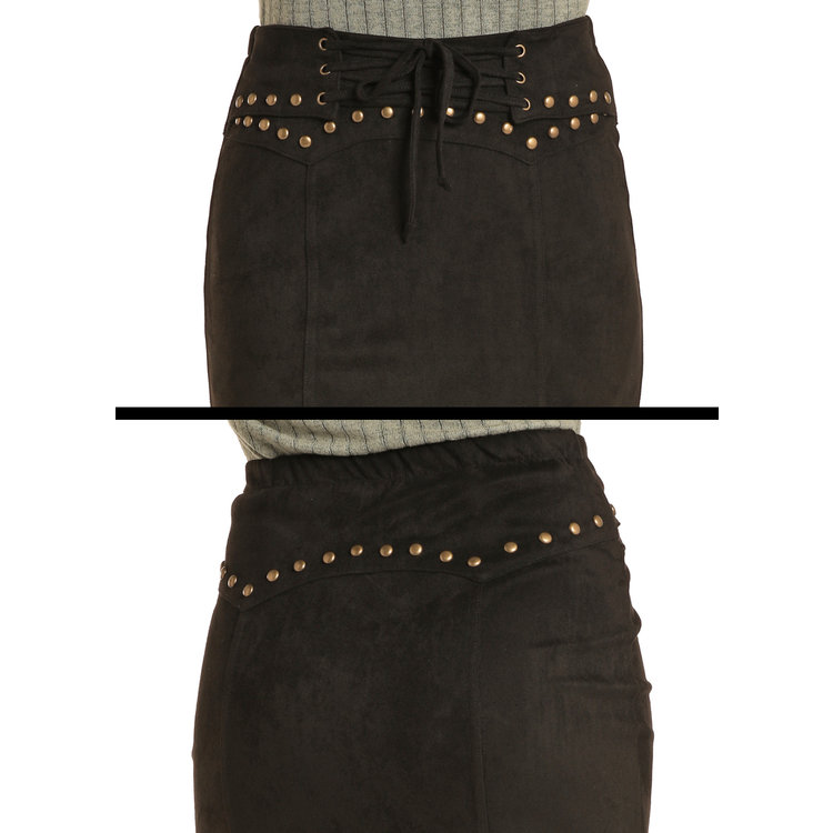 Rock and Roll Denim Suede Skirt with Studs and Tie Front R&RD