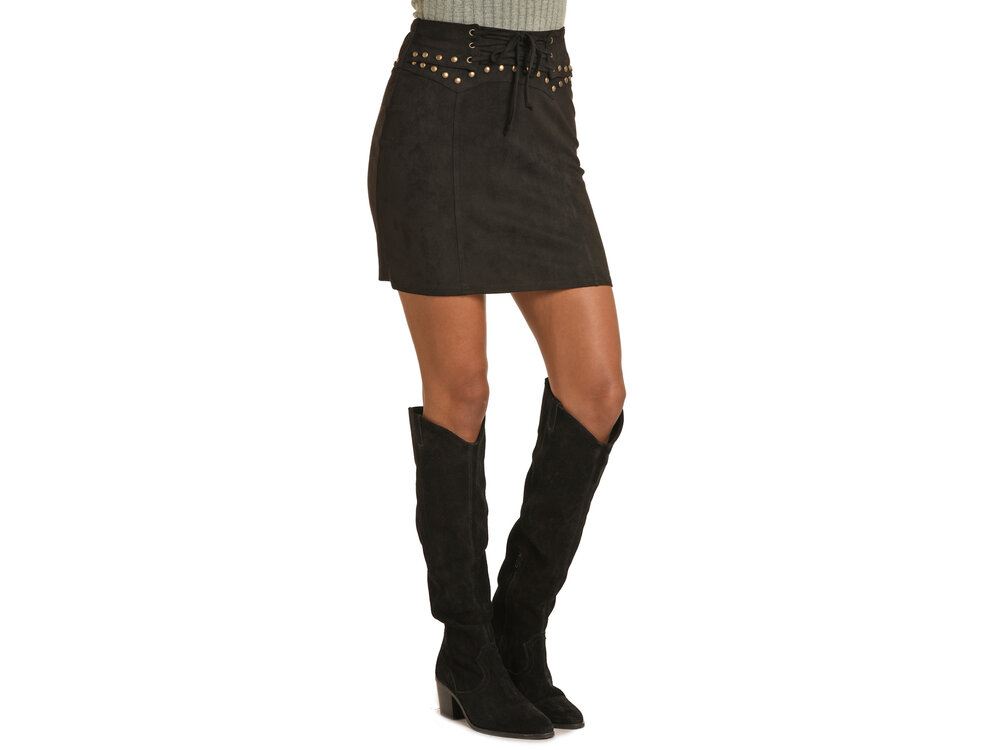 Rock and Roll Denim Suede Skirt with Studs and Tie Front R&RD
