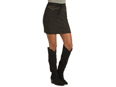 Rock and Roll Denim Suede Skirt with Studs and Tie Front R&RD