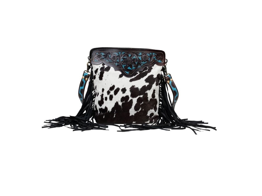 Myra Bags Black Panther Hand Tooled Cowhide Bag with Turquoise