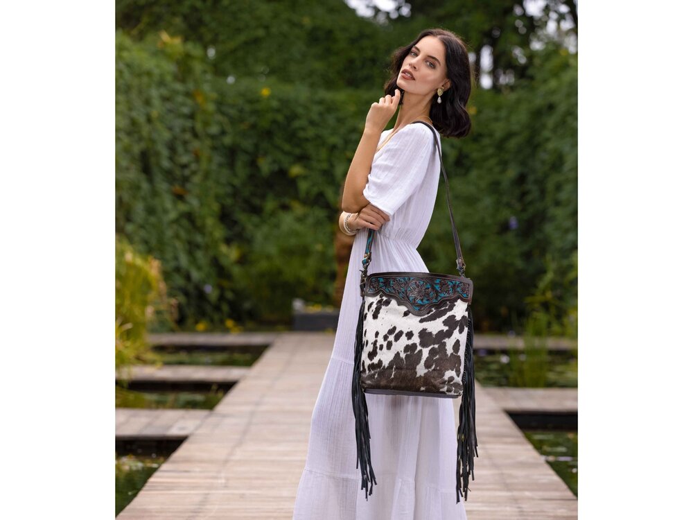 Myra Bags Black Panther Hand Tooled Cowhide Bag with Turquoise