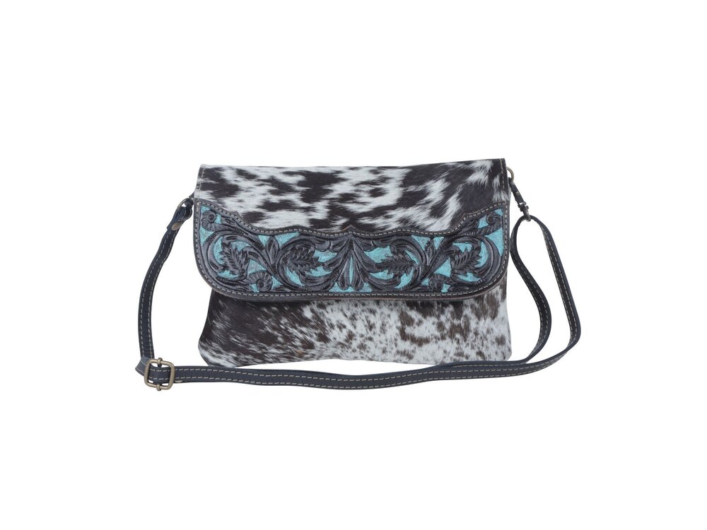 Myra Bags Blue Cresent Small Hand Tooled Bag with Turquoise Accents