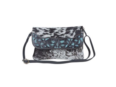 Myra Bags Blue Cresent Small Hand Tooled Bag with Turquoise Accents