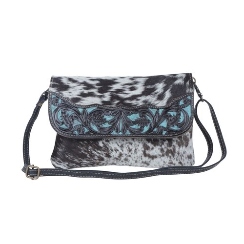 Myra Bags Blue Cresent Small Hand Tooled Bag with Turquoise Accents