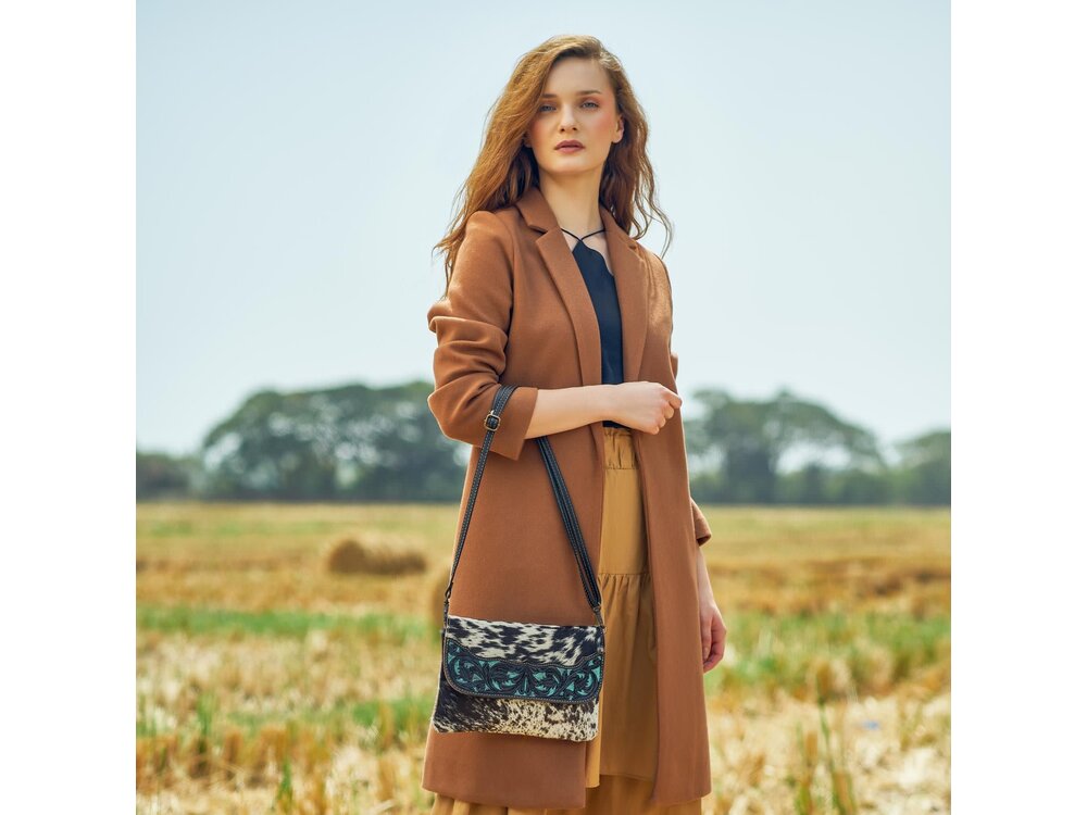 Myra Bags Blue Cresent Small Hand Tooled Bag with Turquoise Accents