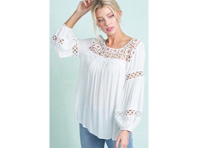 La Miel Peasant Top with Lace Neck and Sleeve Detail