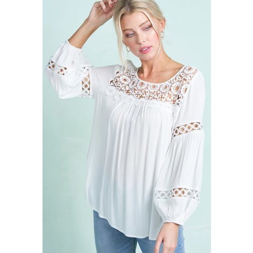 La Miel Peasant Top with Lace Neck and Sleeve Detail