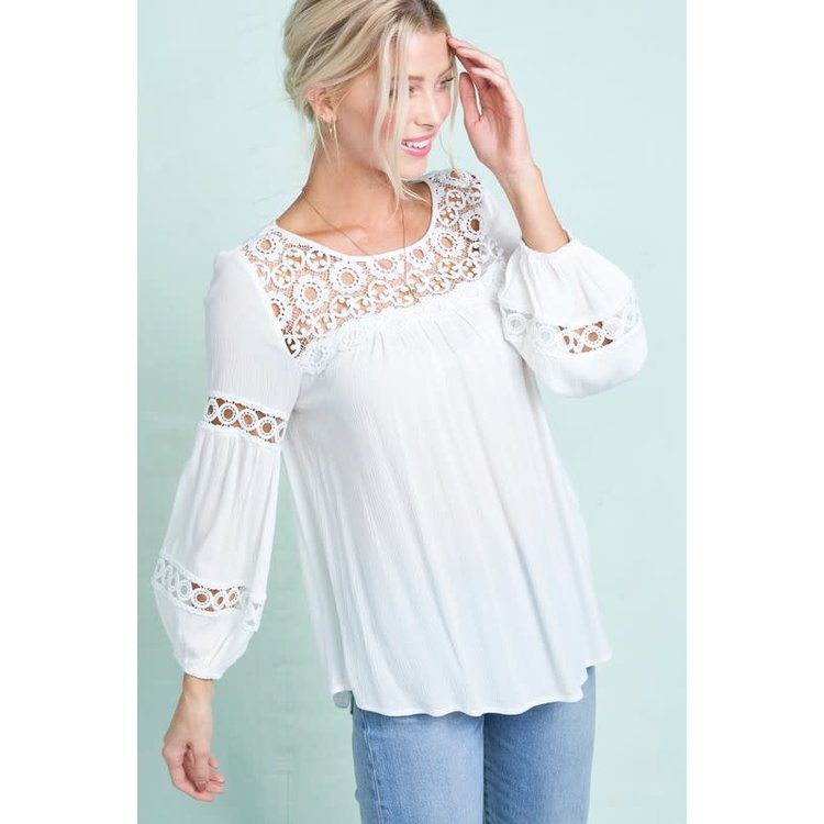 La Miel Peasant Top with Lace Neck and Sleeve Detail
