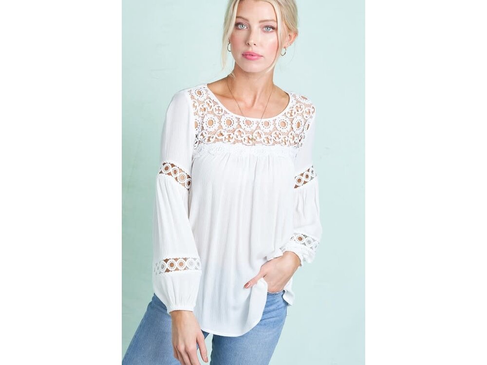 La Miel Peasant Top with Lace Neck and Sleeve Detail