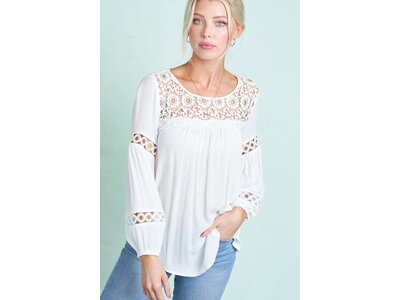 La Miel Peasant Top with Lace Neck and Sleeve Detail