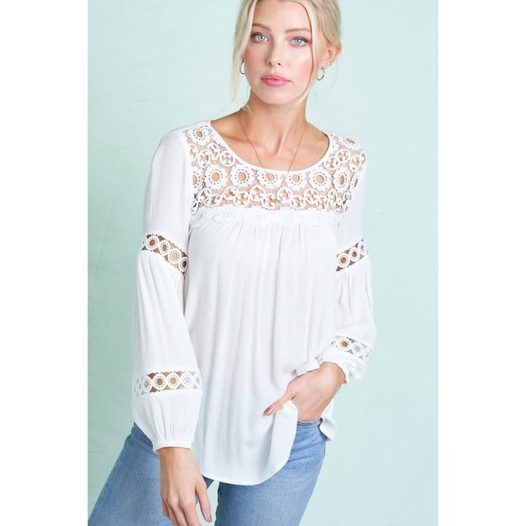 Peasant Top with Lace Neck and Sleeve Detail