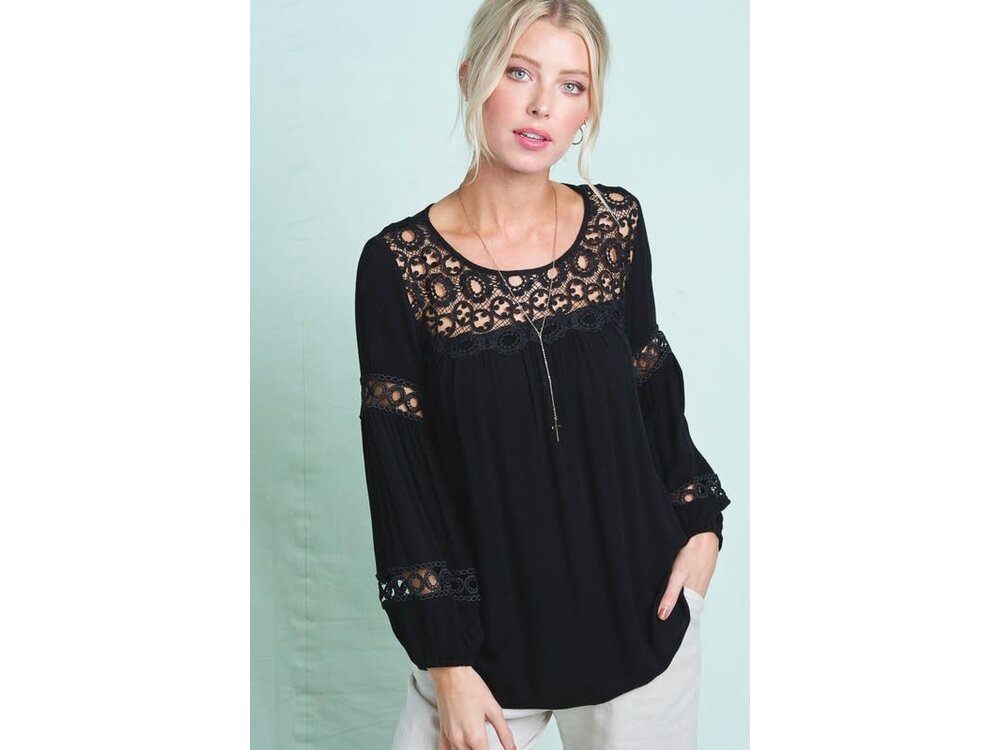 La Miel Peasant Top with Lace Neck and Sleeve Detail