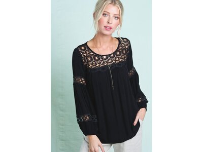 La Miel Peasant Top with Lace Neck and Sleeve Detail