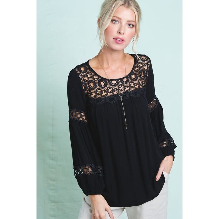 La Miel Peasant Top with Lace Neck and Sleeve Detail