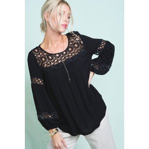 La Miel Peasant Top with Lace Neck and Sleeve Detail