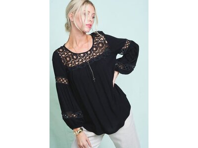 La Miel Peasant Top with Lace Neck and Sleeve Detail