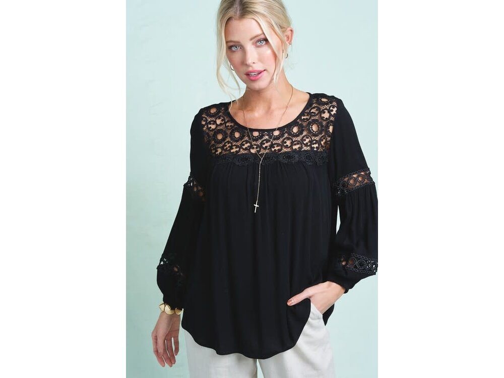 La Miel Peasant Top with Lace Neck and Sleeve Detail