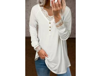 Lace Detail Long Sleeve Cotton Shirt with Buttons