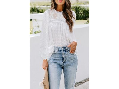 Sheer White High Neck Lace Peasant Top