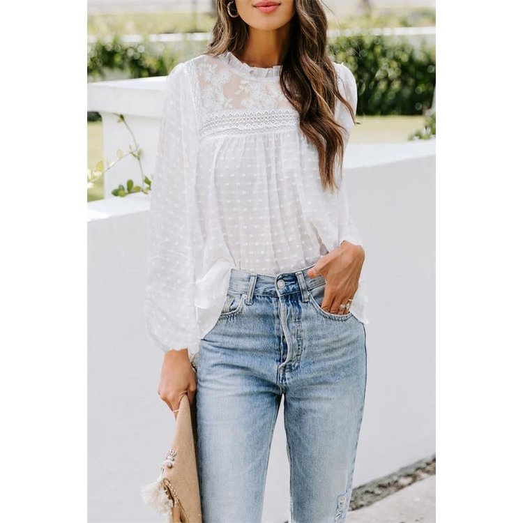 Sheer White High Neck Lace Peasant Top