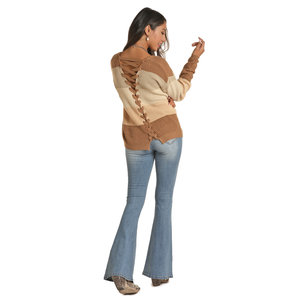 Rock and Roll Denim R&RD Open Lace Up Back Tan Sweater