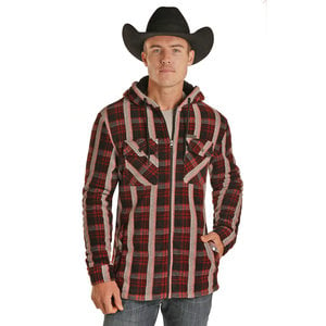 Powder River Outfitters Fleece Hoodie Shacket in Red Plaid