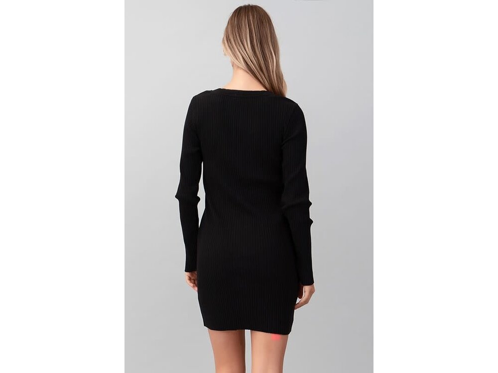 Ribbed V-Neck Casual Dress w/ Snap Detail Neckline