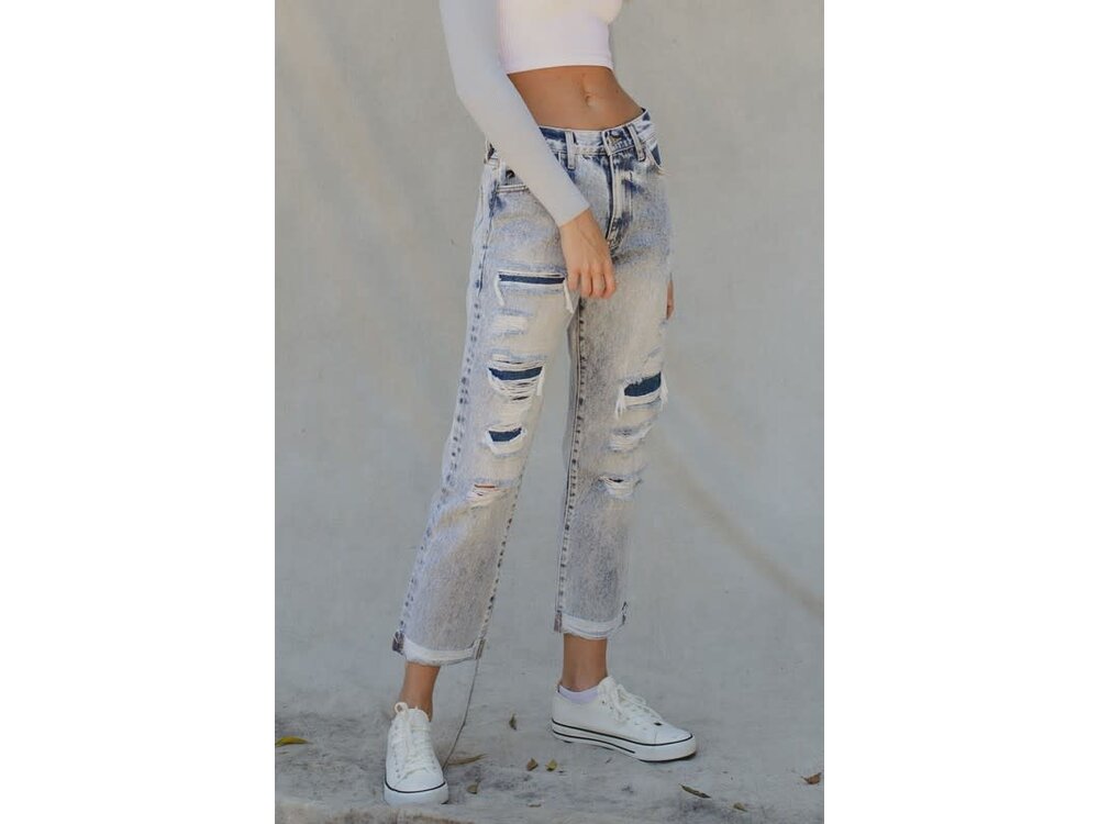 KanCan HighRise Straight Distressed with Patches and Cuff