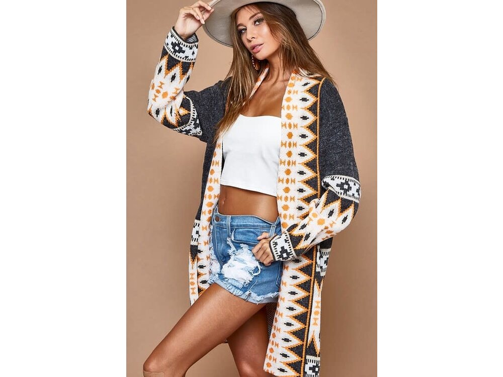 Aztec Open Front Cardigan in Dark Grey