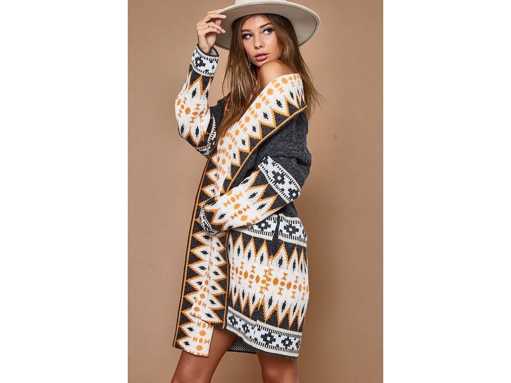 Aztec Open Front Cardigan in Dark Grey