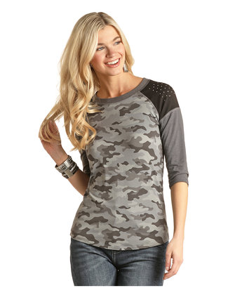 Rock and Roll Denim Grey Camo Shirt with Shoulder Embellishment
