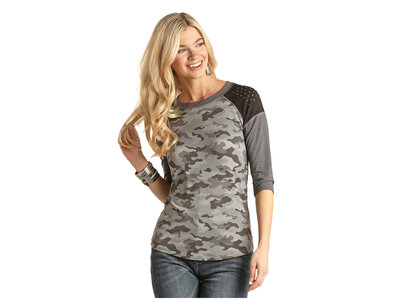 Rock and Roll Denim Grey Camo Shirt with Shoulder Embellishment