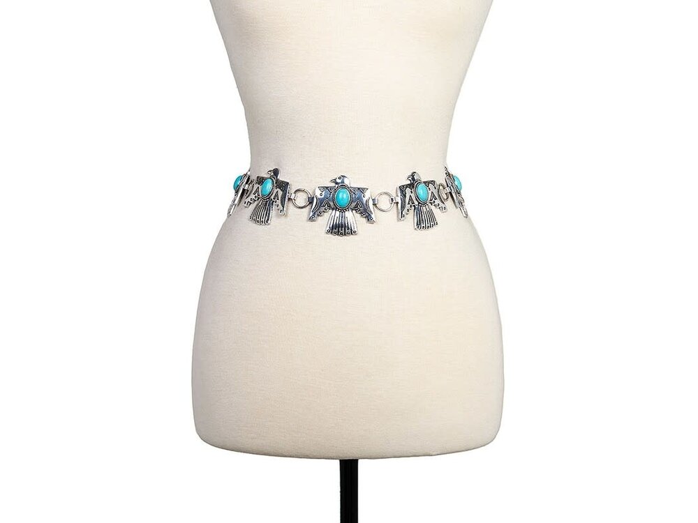 Tribal Bird Concho Belt Silver/Turquoise