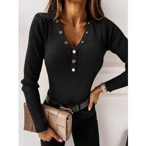 Ribbed V-Neck Long Sleeve with Button Detail