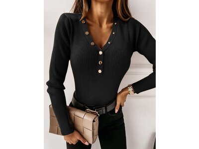 Ribbed V-Neck Long Sleeve with Button Detail