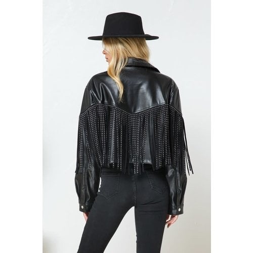 Blue B Black Vegan Leather Studded Fringe Jacket