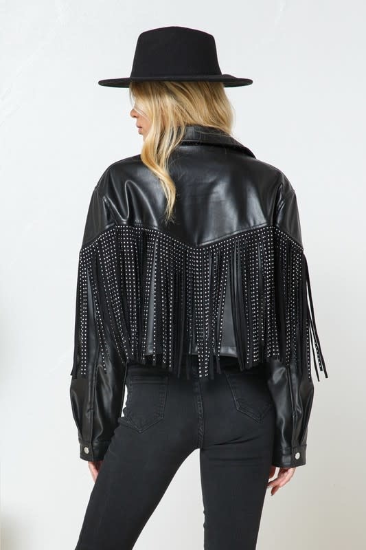 Black Vegan Leather Studded Fringe Jacket