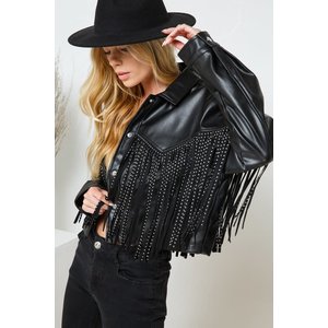 Blue B Black Vegan Leather Studded Fringe Jacket