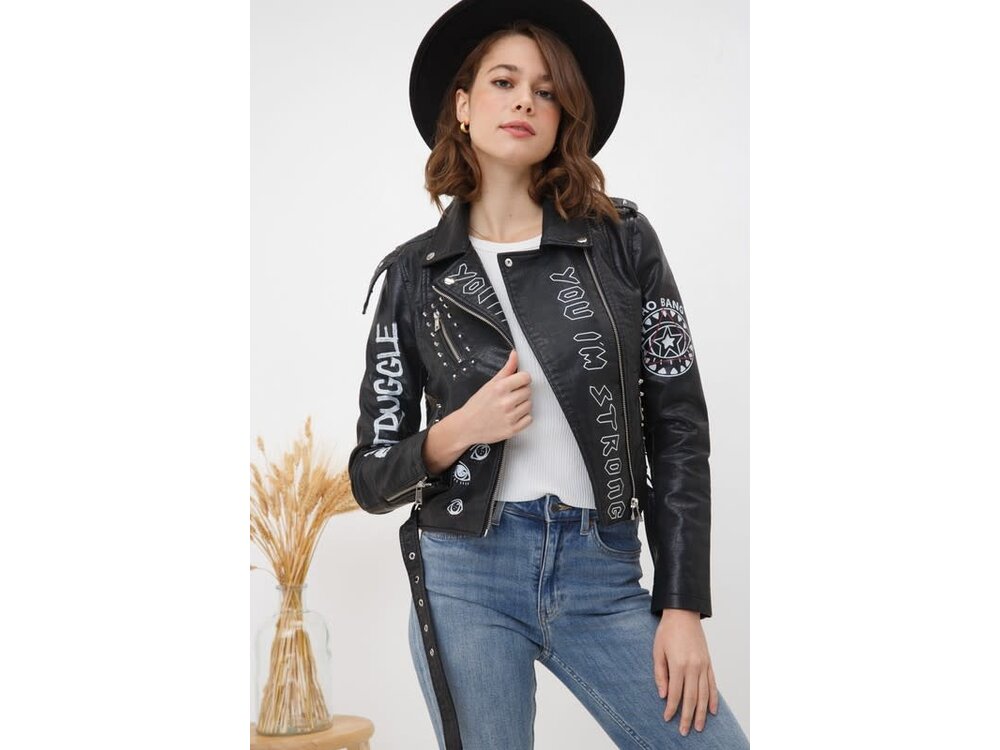 Blue B Black Vegan Leather Graphic Jacket