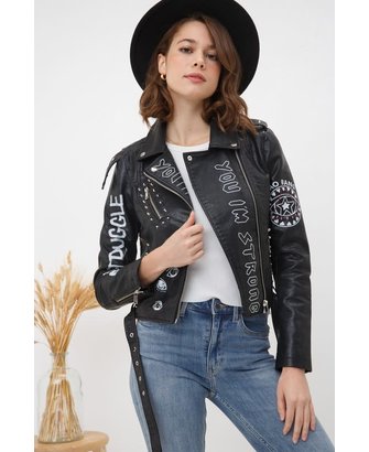 Black Vegan Leather Graphic Jacket