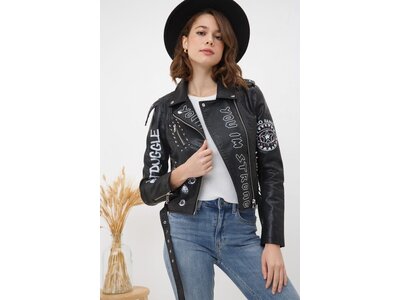 Blue B Black Vegan Leather Graphic Jacket