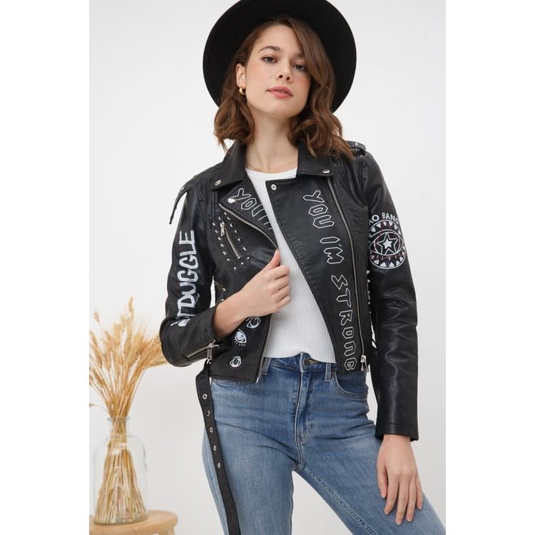 Blue B Black Vegan Leather Graphic Jacket