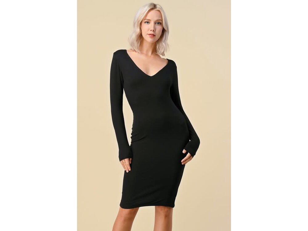 Black Double Layered V-Neck Midi Dress