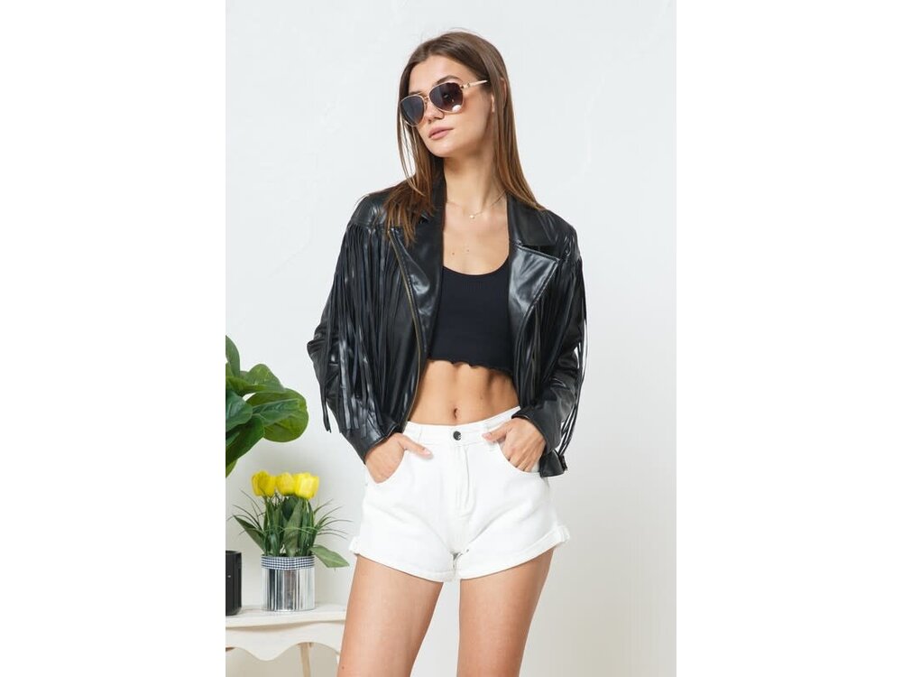 Blue B Black Vegan Leather Fringe Jacket