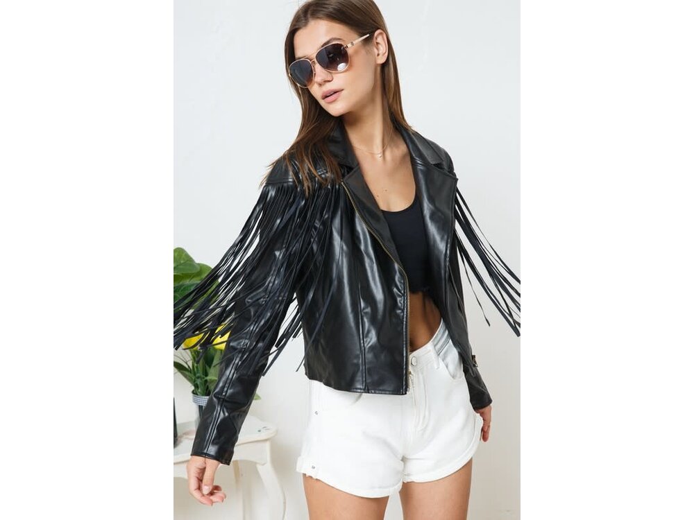 Blue B Black Vegan Leather Fringe Jacket