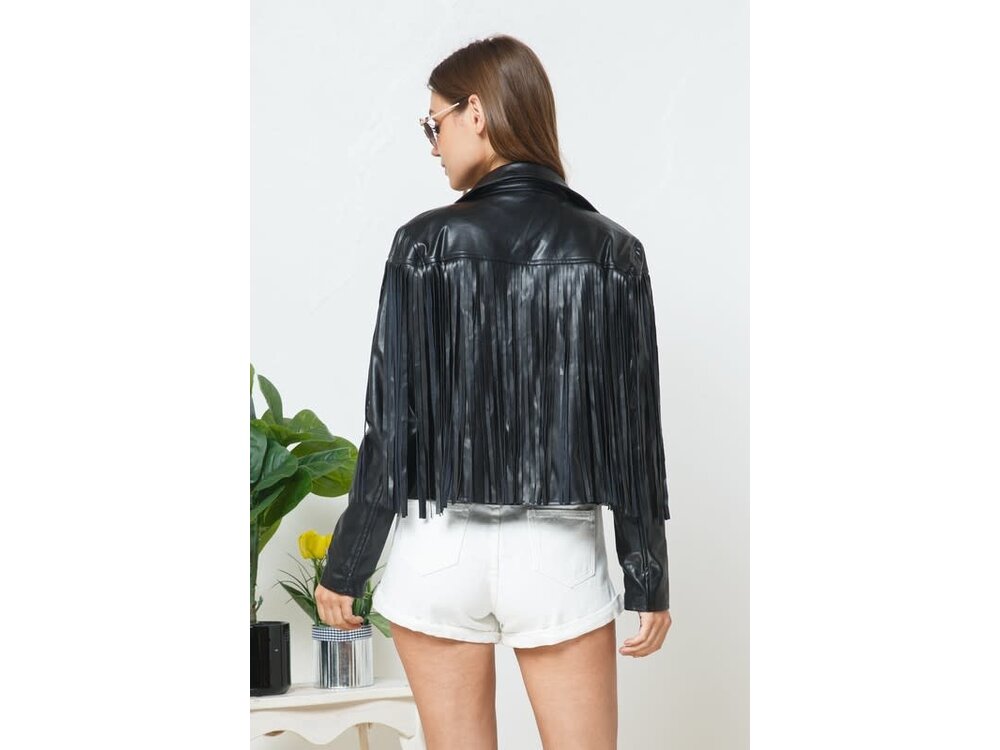 Blue B Black Vegan Leather Fringe Jacket
