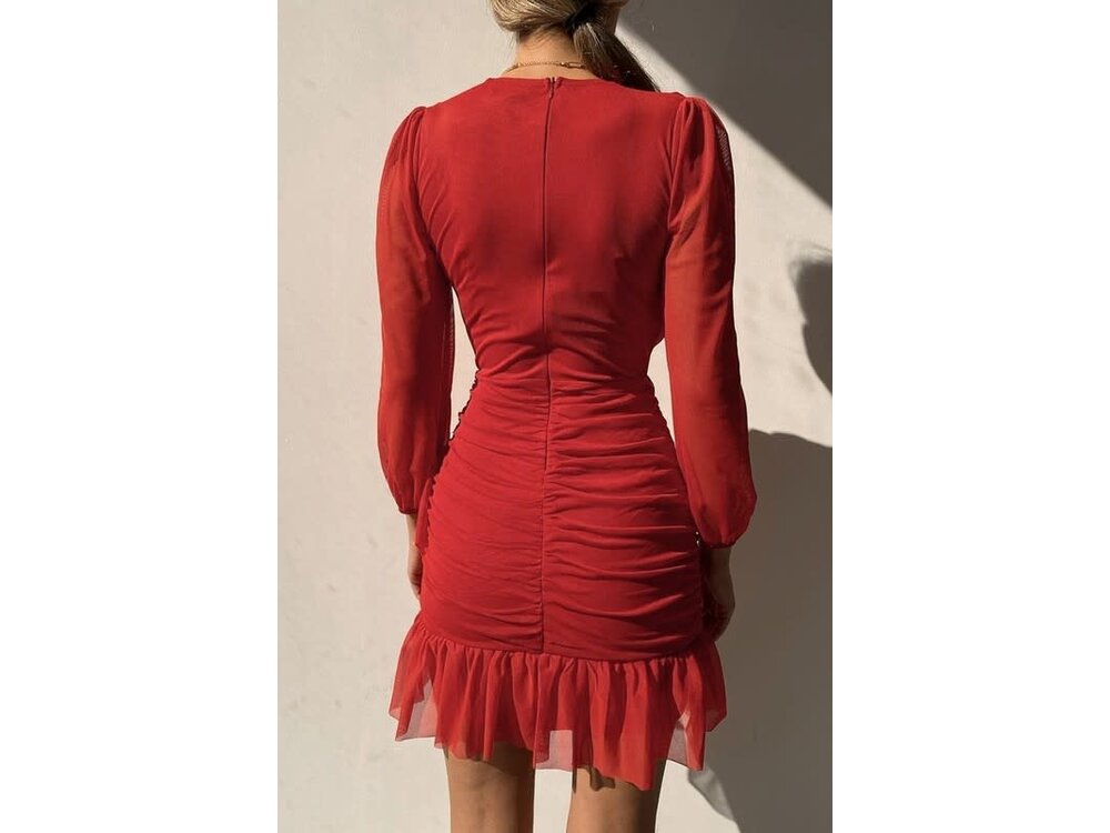 Ruched Flounce V Neck Bodycon Mini Dress